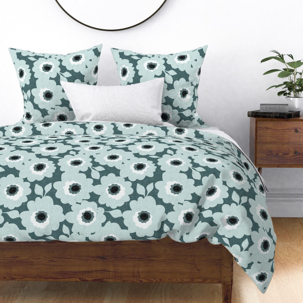 Mid Century Floral Duvet Cover - Fleurs de Menthe Par Ottomanbrim Retro 1960S Weathered Look Cotton 