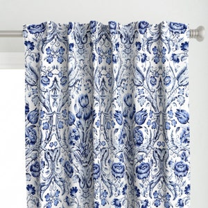 Blue Vintage Floral Curtain Panel - Blue Floral Damask by etienne - Arts And Crafts William Morris Custom Curtain Panel by Spoonflower