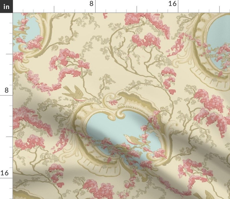 Birds In Cherry Trees by margaret/_ann/_missman/_designs Rococo Parisian Cotton Sateen Tablecloth by Spoonflower Romantic Tablecloth
