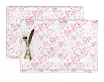 Valentines Day Placemats (Set of 2) - Rosy Pink Hearts by hipkiddesigns - Hearts Love Kisses Blush Pink  Cloth Placemats by Spoonflower