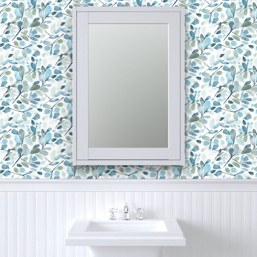 Watercolor Commercial Grade Wallpaper Blue Watercolor Leaves Etsy