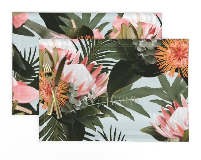 Tropical Placemats set of 2 Tropical Floral on Blue by Etsy