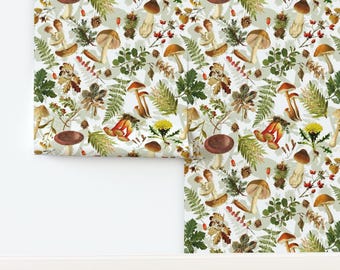 Mushrooms Non-Pasted Wallpaper Ferns Forage Dandelion Pine - Thanksgiving In The Forest -  by utart Wallpaper Double Roll by Spoonflower