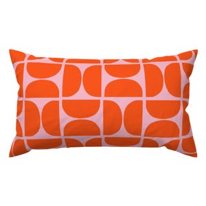Mid Century Modern Lumbar Pillow - Pink Red Orange Retro 1960s Atomic Era Rectangle Accent Throw Pillow - Big Mod Half-circle by anda