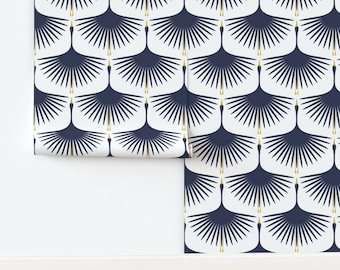 Midcentury Cranes Non-Pasted Wallpaper Swans Classic Art Deco Navy On White - Art Deco Swans by katerhees Wallpaper by Spoonflower