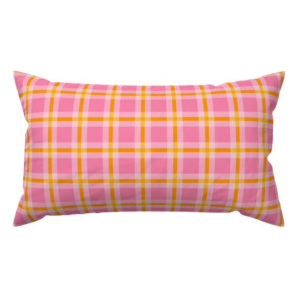 Pink Tartan Accent Pillow - Pink And Yellow Plaid by muchsketch - Yellow Double Plaid Rectangle Lumbar Throw Pillow by Spoonflower