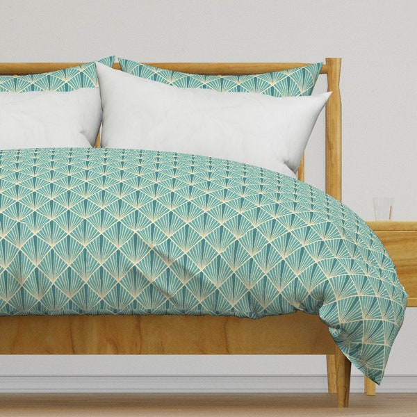 Aqua Art Deco Bedding - Art Deco Fans by fernlesliestudio - Art Deco Fans Cotton Sateen Duvet Cover OR Pillow Shams by Spoonflower