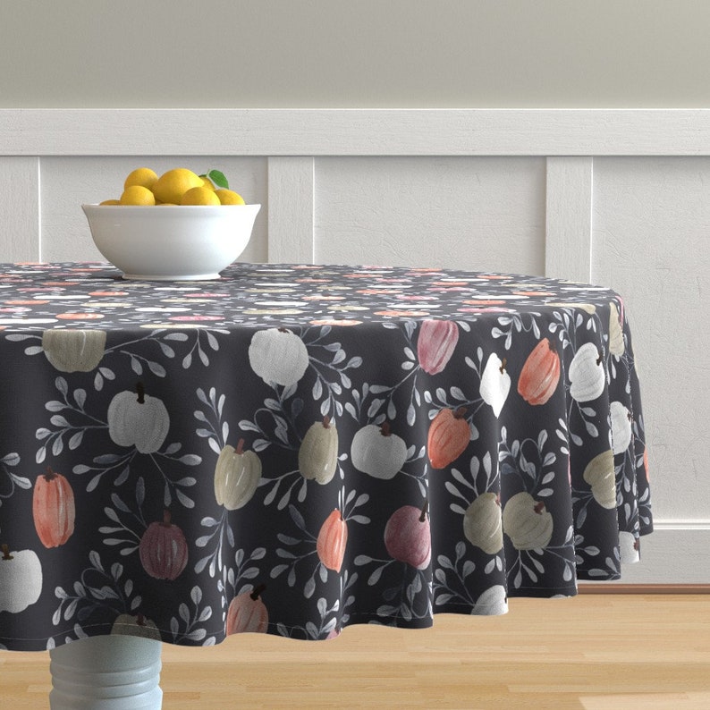 Autumn Round Tablecloth Painted Pumpkins by erin/_/_kendal Dark Fall Watercolor Colored Cotton Sateen Circle Tablecloth by Spoonflower