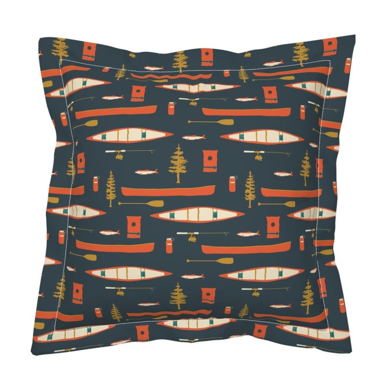 Summer Illustration Lake Cotton Sateen Flanged Pillow Sham by Spoonflower Canoes And Oars On The Lake by coitcreative Fish Pillow Sham