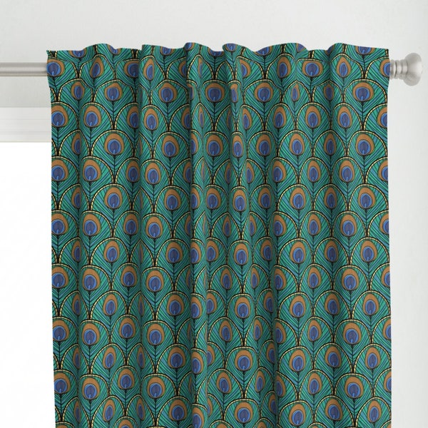 Art Deco Curtain Panel - Peacock Art Deco Fan by suzzincolour - Animal Print Peacock Vintage Inspired Custom Curtain Panel by Spoonflower