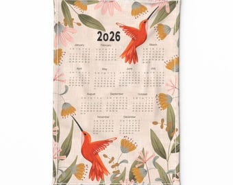 Ściereczka kuchenna z kalendarzem na rok 2026 – Hummingbird autorstwa melarmstrong – Hummingbird Floral Hummingbirds Garden Len Cotton Canvas Ściereczka kuchenna autorstwa Spoonflower