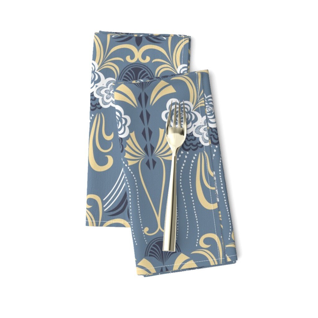Art Nouveau Dinner Napkins Set of 2 1920s Art Deco On Blue by patternanddesign Modern Swirls Flowers Cloth Napkins by