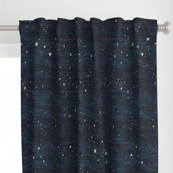 Blue Curtain Panel - Night Sky by at_the_cottage -  Space Large Scale Stars Gold Turquoise Home Decor  Custom Curtain Panel by Spoonflower