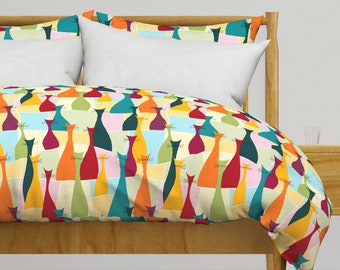 Mid Century Modern Bedding - Ollie Cat by luciafontes - Colorful Cats Bohemian Cotton Sateen Duvet Cover OR Pillow Shams by Spoonflower