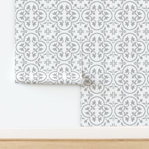 Moroccan Non-Pasted Wallpaper Spanish Tiles Gray Floral Decorative - Gray Light Moroccan Cement Tile  by eti_enne Wallpaper by Spoonflower