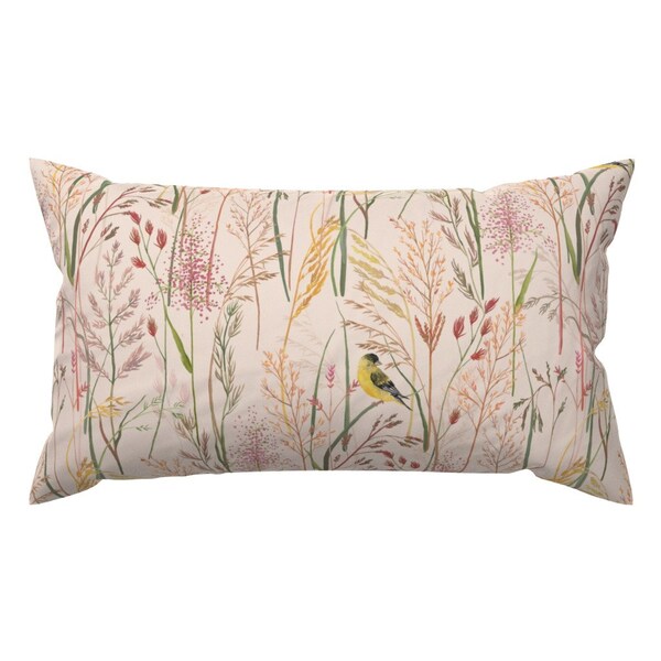 Blush Pink Fields Accent Pillow - Grasses And Goldfinch by dasbrooklyn - Bird Floral Nature Rectangle Lumbar Throw Pillow by Spoonflower