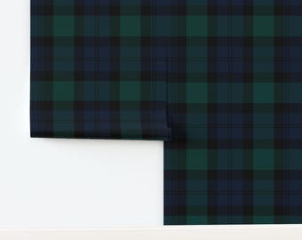 Dark Tartan Non-Pasted Wallpaper Scottish Plaid Black Watch Blue Green - Tartan Traditional by peacoquettedesigns Wallpaper by Spoonflower