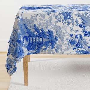 Chinoiserie Tablecloth - Chinoiserie Palace Blue by peacoquettedesigns - Toile Du Jouy Nature Cotton Sateen Tablecloth by Spoonflower