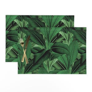 Banana Leaves Placemats (Set of 2) - Jungle Green Palm by peacoquettedesigns - Green Rainforest Palm Trees Cloth Placemats by Spoonflower