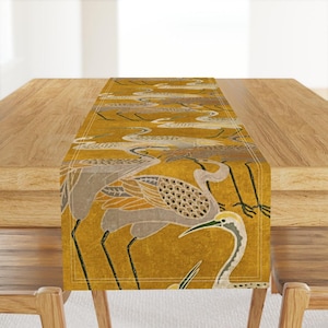 Maximalism Table Runner - Art Deco Birds Boho Hollywood Regency Crane Cotton Sateen Table Runner - Golden Hour Cranes by shellyreneedesigns
