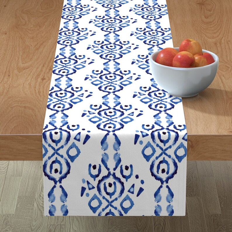 Bohemian Ikat Blue White by misschiffdesigns Boho Table Runner Watercolor Indigo And White Cotton Sateen Table Runner by Spoonflower