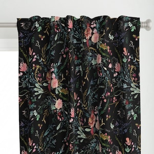 Botanical Curtain Panel - Fable Floral by nouveau_bohemian - Distressed Boho Floral Black And Pink Custom Curtain Panel by Spoonflower