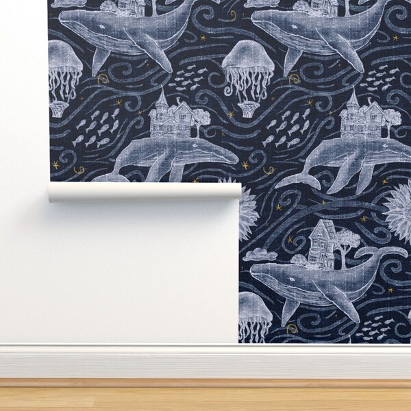 Whimsical Commercial Grade Wallpaper - Undersea Nights by jenkb - Sky Nautical Ocean Jellyfish Whale Wallpaper Double Roll by Spoonflower