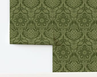Green Antique Floral Non-Pasted Wallpaper Victorian Traditional Damask Forest Green - Day's Damask by red_tansy Wallpaper by Spoonflower