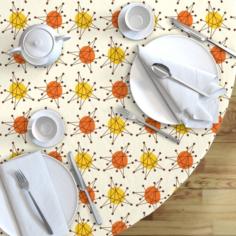 Mid Century Modern Round Tablecloth Atomic Starburst Orang Etsy