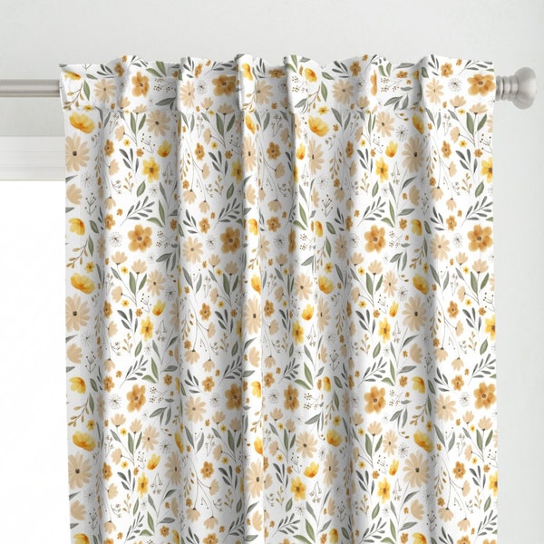 Spring Flowers Curtain Panel - Sweet Country by audreyfuller - Yellow And Brown Watercolor Floral Custom Curtain Panel by Spoonflower