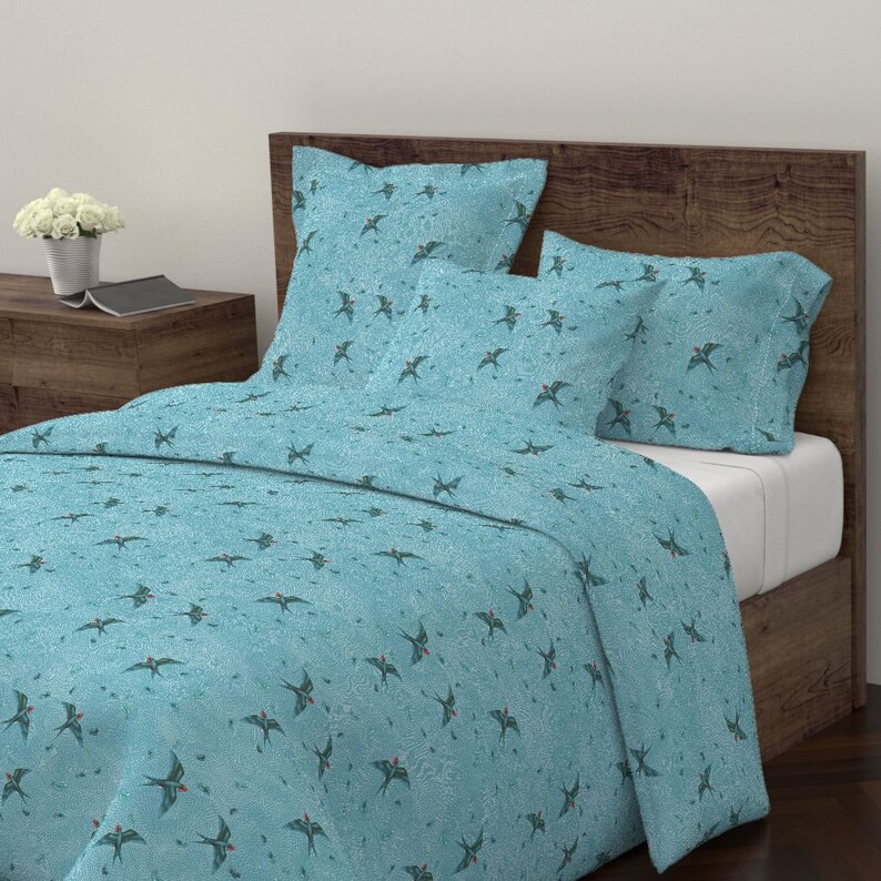 Love Birds Pillow Sham Flight Sky Wind Cotton Sateen Pillow Sham Bedding by Spoonflower Love And Swallows In The Air by thistleandfox