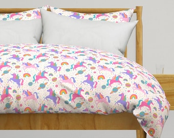 Whimsical Unicorn Bedding - Space Unicorn by latheandquill - Bright Rainbow Cotton Sateen Duvet Cover OR Pillow Shams by Spoonflower