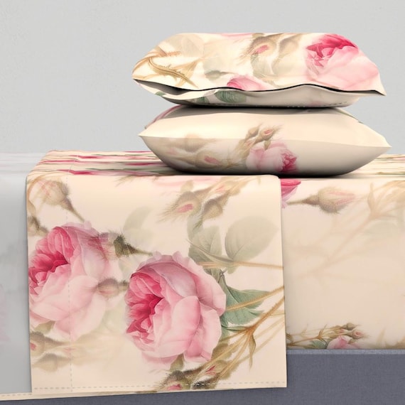 Soft Vintage Chintz Sheets - Pink Roses by maria_marinova - Retro Inspired Victorian Romantic Cotton Sateen Sheet Set Bedding by Spoonflower