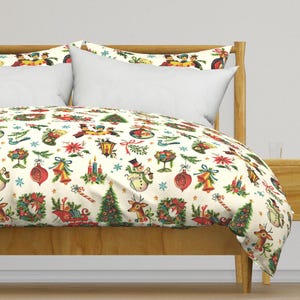 Vintage Christmas Bedding - Retro Christmas by red_raspberry_design - Deer Santa Cotton Sateen Duvet Cover OR Pillow Shams by Spoonflower