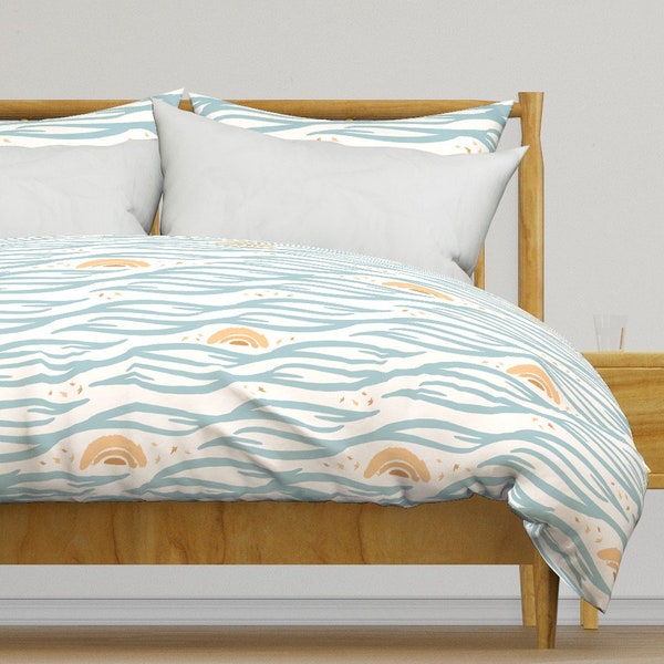 Ocean Waves Bedding - Beachy Sunset by annhurleydesign - Light Blue Wave Blue Peach Cotton Sateen Duvet Cover OR Pillow Shams by Spoonflower