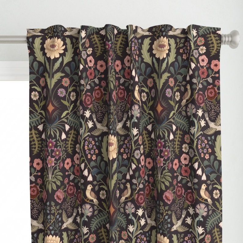 Traditional Floral Curtain Panel Lively Garden by misentangledvision Folk Art Birds Victorian Custom Curtain Panel by Spoonflower image 1