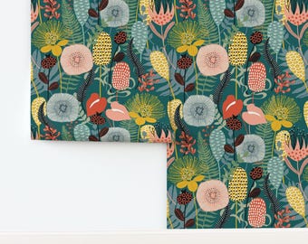 Garden Non-Pasted Wallpaper Retro Modern Florals Scandinavian Green  - Large Retro Garden Midnight by hnldesigns Wallpaper by Spoonflower