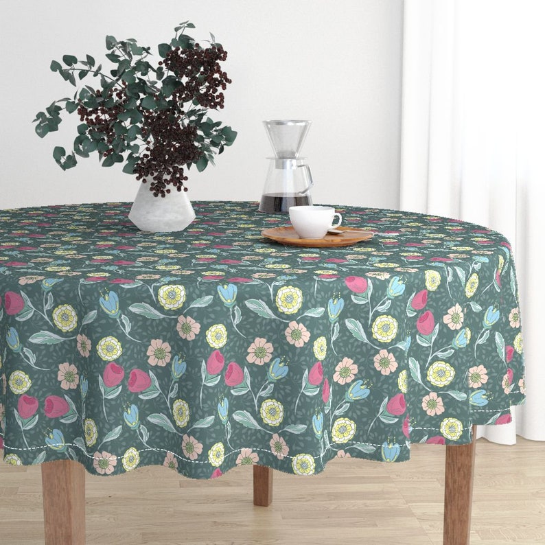 Flowers Round Tablecloth Spring Garden In Forest Green by jac/_slade Woodlands Cotton Sateen Circle Tablecloth by Spoonflower