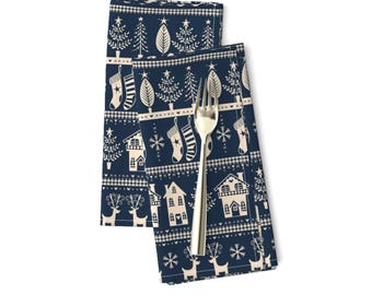 Christmas Dinner Napkins Set of 2 - Folk Nordic Scandinavian Winter Tree Cloth Napkins - Vintage Nordic Christmas by laura_may_designs