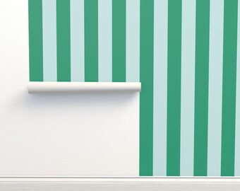 Mint Commercial Grade Wallpaper - Blue And Green Stripe by house_of_may - Abstract Bold Art Deco Lines Wallpaper Double Roll by Spoonflower