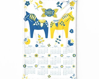 Dala Horse Tea Towel - Swedish 2024 Calendar by wickedrefined - Scandi Blue Yellow White  Linen Cotton Canvas Tea Towel by Spoonflower