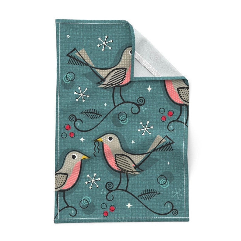 Robins In Winter by studioxtine Pink Vintage Blue Stars Retro Birds Winter Linen Cotton Canvas Tea Towel by Spoonflower Bird Tea Towel