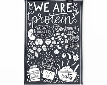 Lack And White Tea Towel - We Are Protein by natalia_gonzalez - Beans Kitchen Cooking Chef Tofu Linen Cotton Canvas Tea Towel by Spoonflower