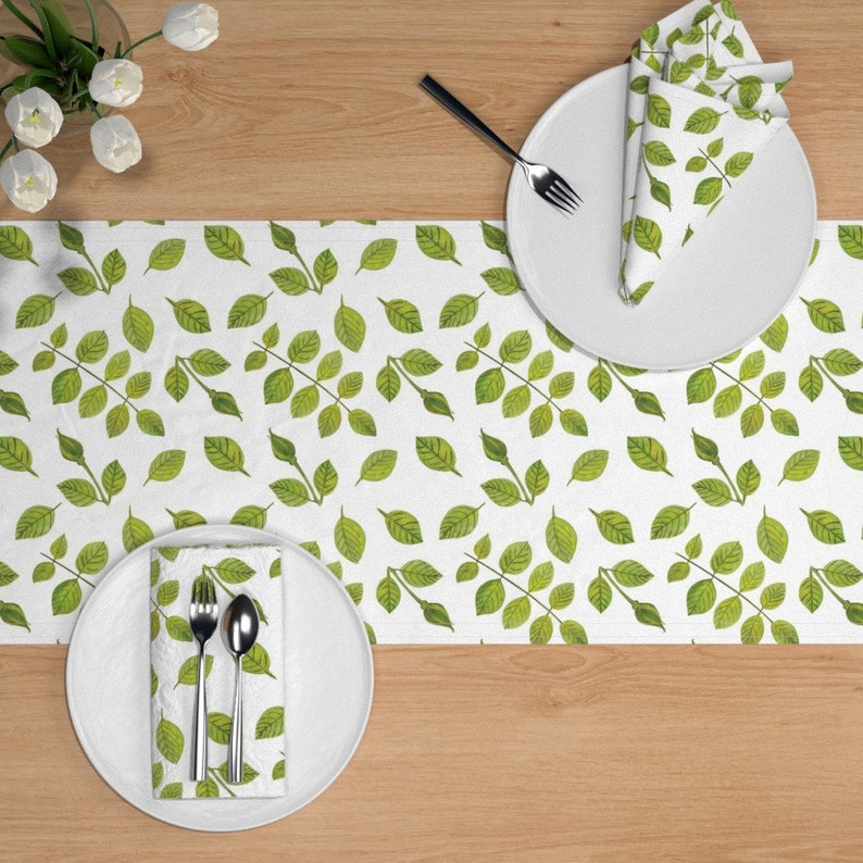 Botanical Leaves Roses Bud Green Cotton Sateen Table Runner by Spoonflower Rose Buds And Leaves by hannamccown Floral Table Runner