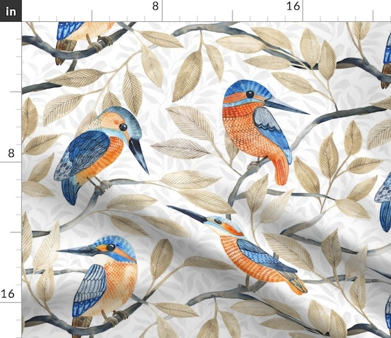 Trees Branches Birds Blue Orange Linen Cotton Tea Towels by Roostery Set of 2