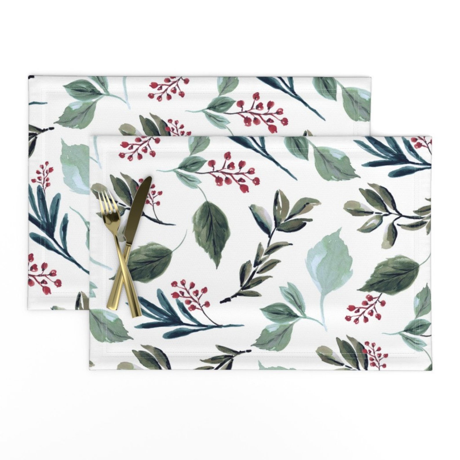 Winter Placemats Set of 2 Leaves And Berries by Etsy