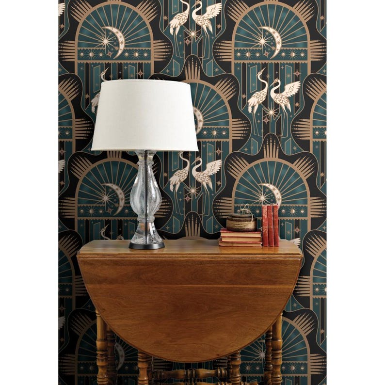 Celestial Cranes Non-pasted Wallpaper Teal Black Beige Art Deco ...