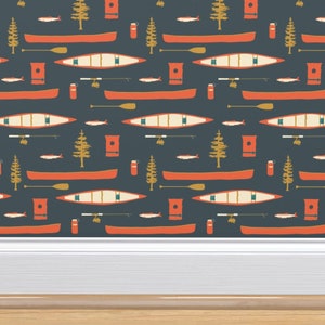 Rustiek vliesbehang Lake Life Camping Woodland Nature - Lake Canoes And Oars van coitcreative Wallpaper Double Roll van Spoonflower afbeelding 5