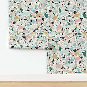 Terrazzo Non-Pasted Wallpaper Pine Green Blush Pink Mint - Summer Beach Terrazzo by evamatise Wallpaper Double Roll by Spoonflower