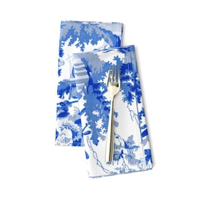 Chinoiserie Servietten (2er-Set) - Chinoiserie Palace Blue von peacoquettedesigns - Toile Du Jouy Nature Stoffservietten von Spoonflower